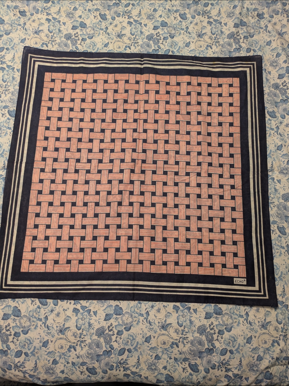 Vintage Echo Red & Navy Woven Pattern Cotton Scarf